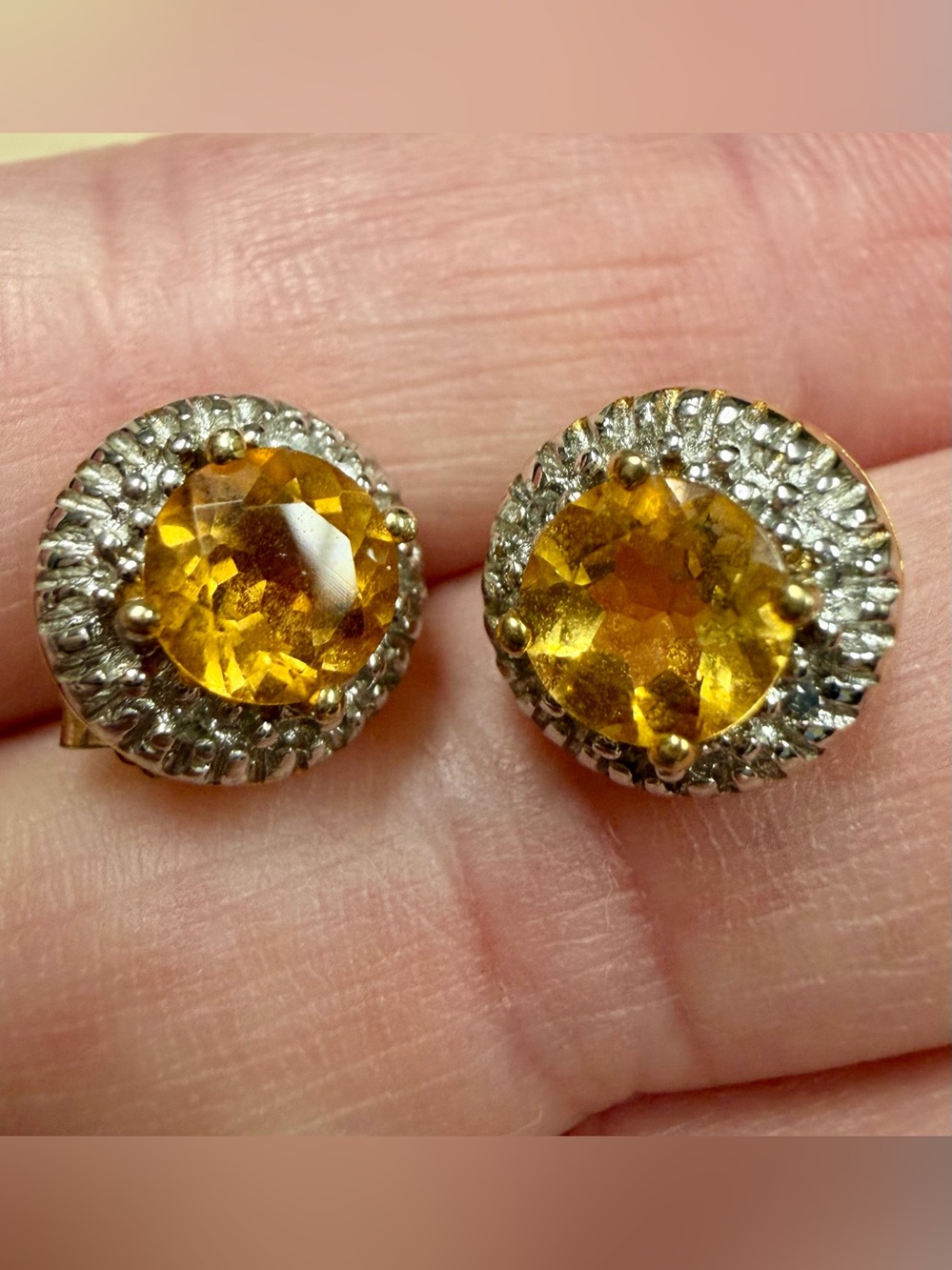 Vintage SAI 925 Sterling Silver Genuine Citrine Halo Stud Earrings